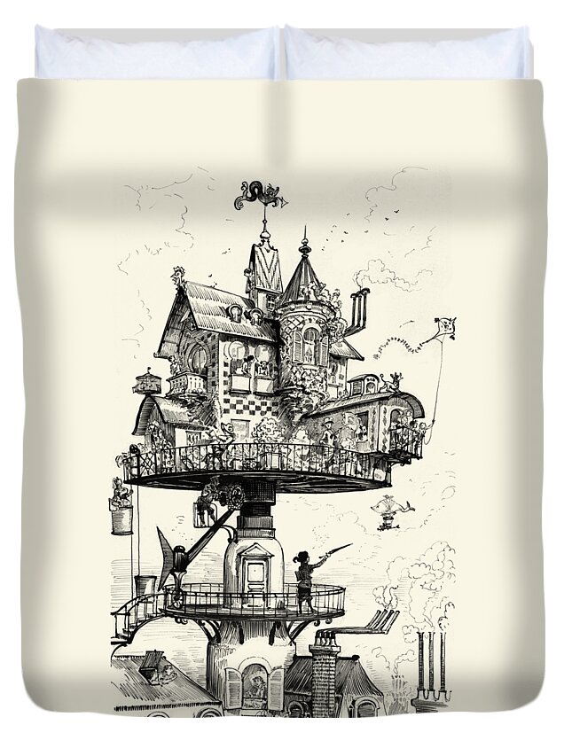 Aerial Duvet Cover featuring the digital art Aerial House In Black And White by Madame Memento
