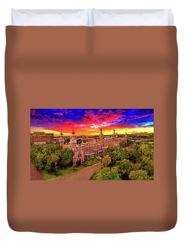 Henry B. Plant Museum Duvet Cover featuring the digital art Aerial of Henry B. Plant Museum in Tampa, Florida, at sunset - digital painting by Nicko Prints