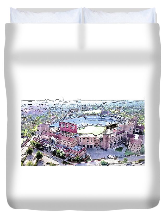 Doak Campbell Stadium Duvet Cover featuring the digital art Aerial of the Doak Campbell Stadium in Tallahassee, Florida - pencil sketch by Nicko Prints