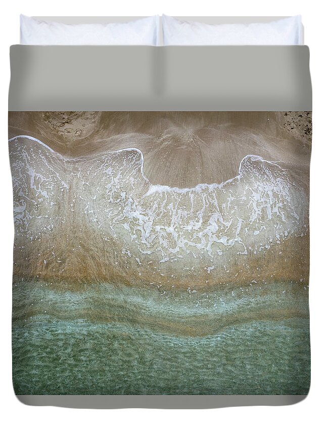 Golden Sand Duvet Cover featuring the photograph Aerial view drone of empty tropical sandy beach with golden sand. Seascape background by Michalakis Ppalis