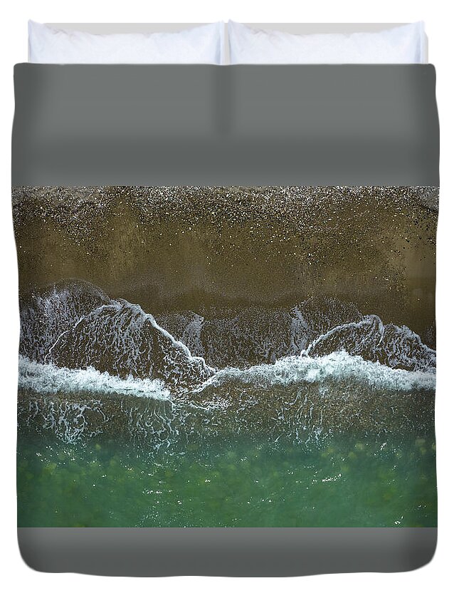 Waves Duvet Cover featuring the photograph Aerial view ocean waves braking on a sandy beach. Nature background by Michalakis Ppalis