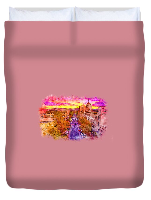 W 4th Street Duvet Cover featuring the digital art Aerial view of W 4th Street in downtown Santa Ana - pen and watercolor by Nicko Prints