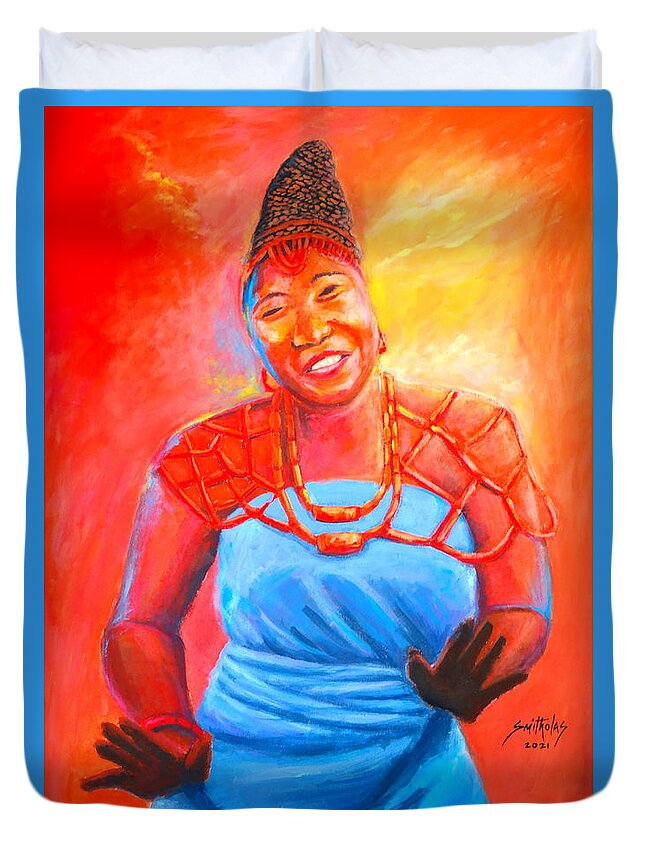 Orange Duvet Cover featuring the painting Africa Dance Maiden by Olaoluwa Smith