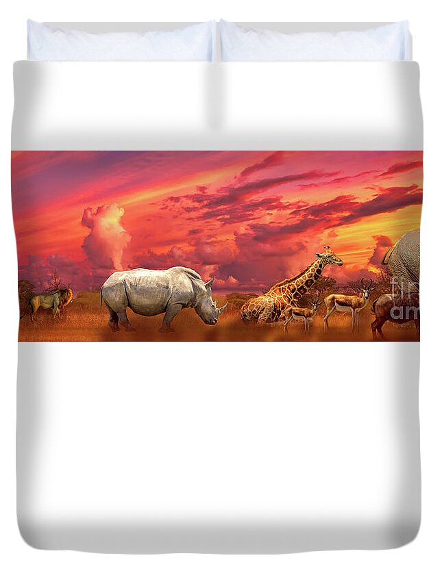Tanzania Duvet Cover featuring the photograph African animals sunset panorama by Benny Marty