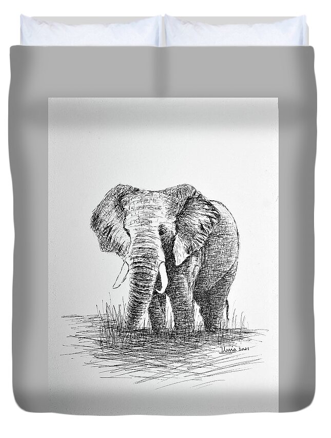 African Elephant Duvet Cover featuring the drawing African Elephant by Uma Krishnamoorthy