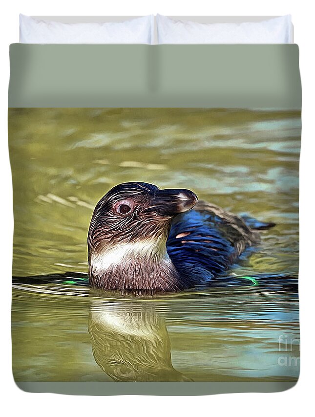 African Penguin Duvet Cover featuring the painting African penguin swimming by George Atsametakis