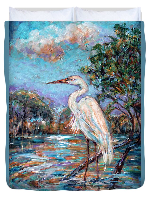 Beach Duvet Cover featuring the painting Afternoon Egret by Linda Olsen