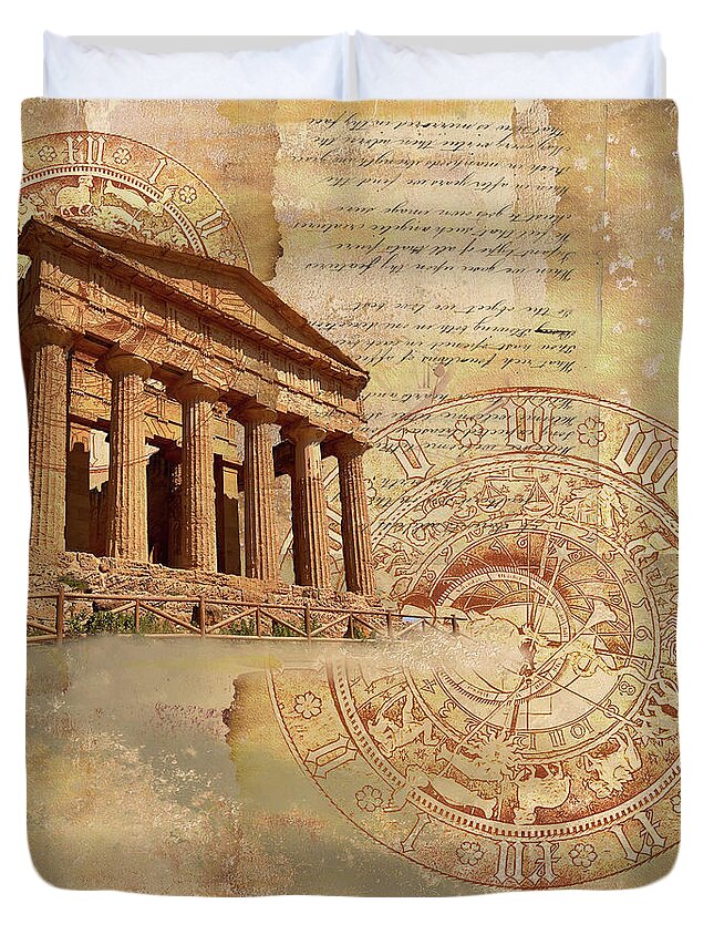 Agrigento Duvet Cover featuring the digital art Agrigento Time Travel by Nancy Merkle