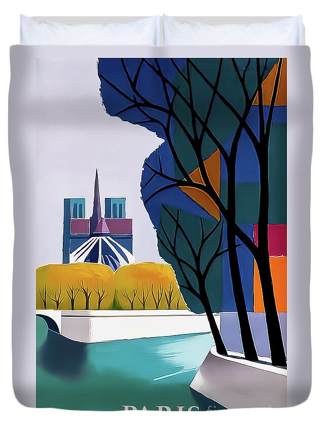 Paris Duvet Cover featuring the drawing Air France Paris Travel Poster 1959 by M G Whittingham