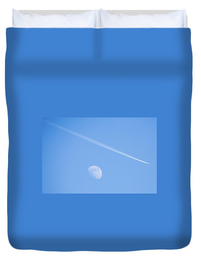 Plane Duvet Cover featuring the photograph Aircraft flying over moon leaving vapour trail during the day, S by Ian Middleton