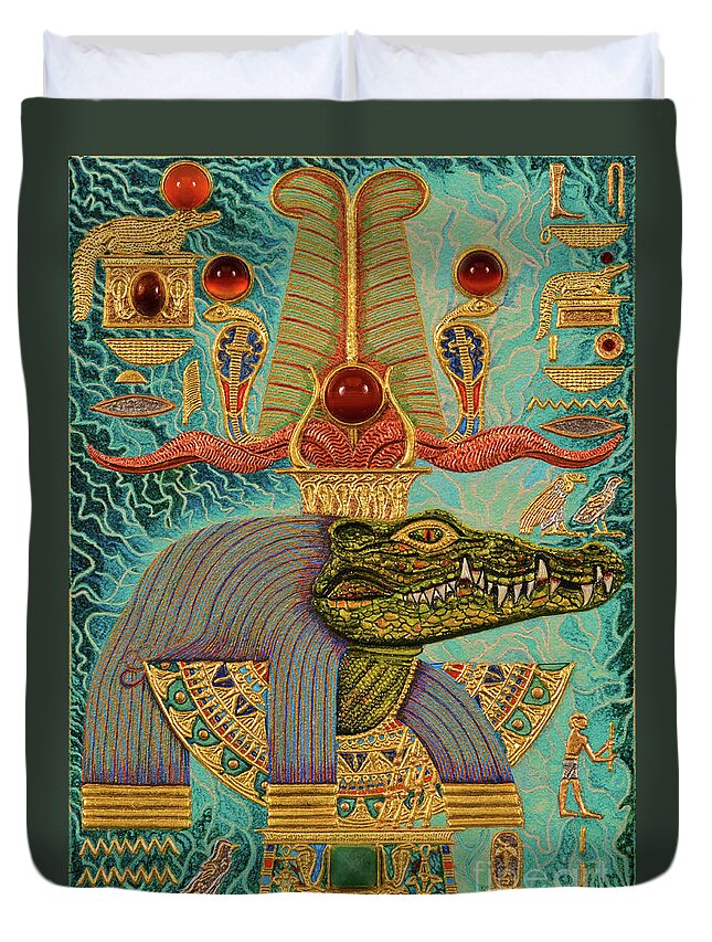 Ancient Duvet Cover featuring the mixed media Akem-Shield of Sobek-Ra Lord of Terror by Ptahmassu Nofra-Uaa