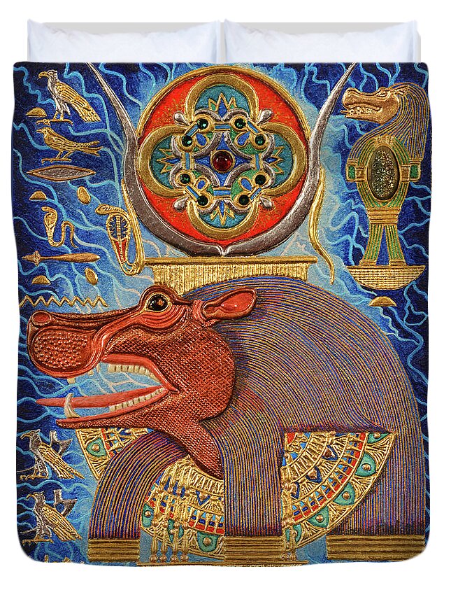 Ancient Duvet Cover featuring the mixed media Akem-Shield of Taweret Who Belongs to the Doum Palm by Ptahmassu Nofra-Uaa