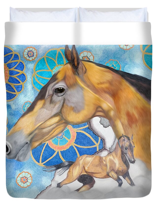 Horse Duvet Cover featuring the drawing Akhal-Teke Horse by Equus Artisan