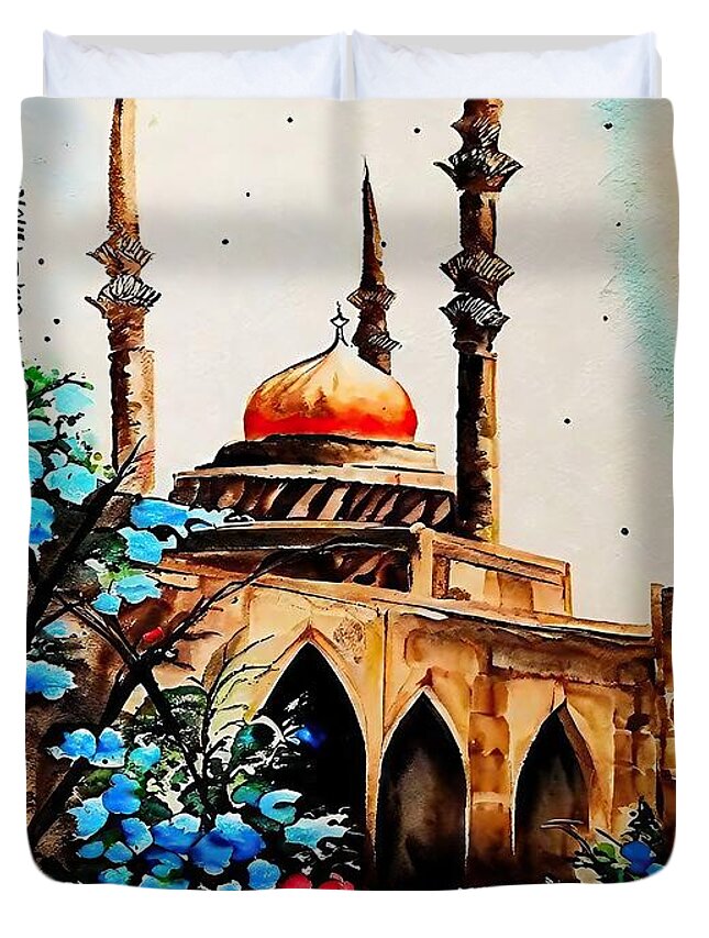  Duvet Cover featuring the painting Al Amin Mosque Beirut Painting Beirut Lebanon Mosque Heritage History Tree Flowers ancient architecture art blue building cathedral celebration christmas church city cityscape culture cyprus europe by N Akkash