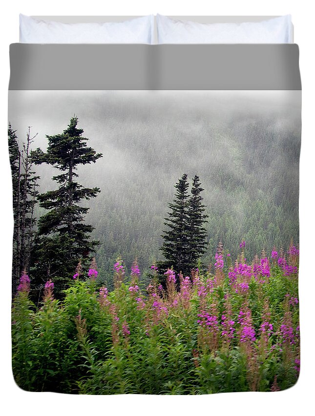 Skagway Duvet Cover featuring the photograph Alaska Pines and Wildflowers by Karen Zuk Rosenblatt