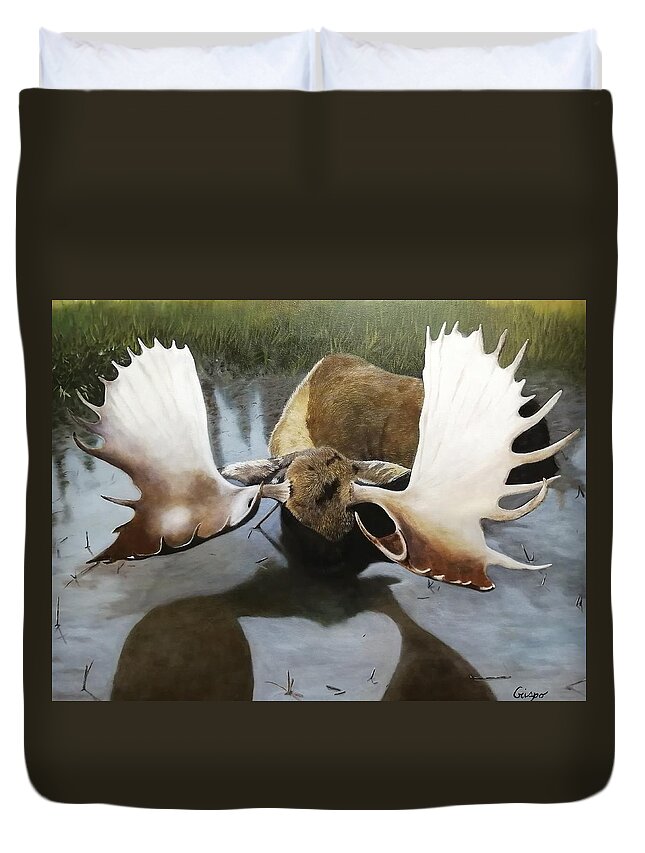Moose Duvet Cover featuring the painting Alaskan giant by Jean Yves Crispo