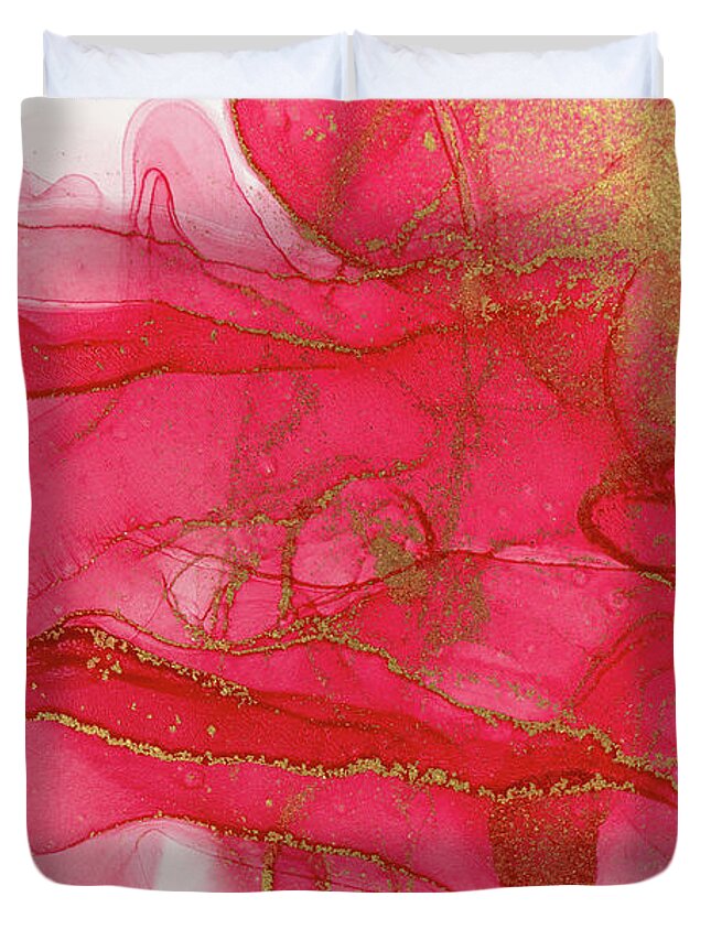 Pink Duvet Cover featuring the painting Alcohol ink Red Pink and gold abstract background. Ocean Crystal water by Tony Rubino