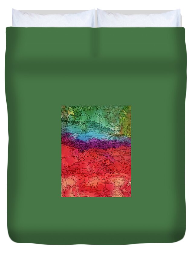 Red Duvet Cover featuring the mixed media Alcohol Landscape by Aimee Bruno