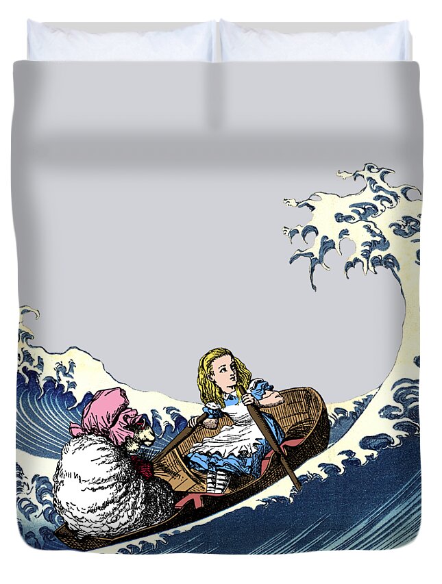 Alice In Wonderland Duvet Cover featuring the mixed media Alice and the great wave off Kanagawa by Madame Memento