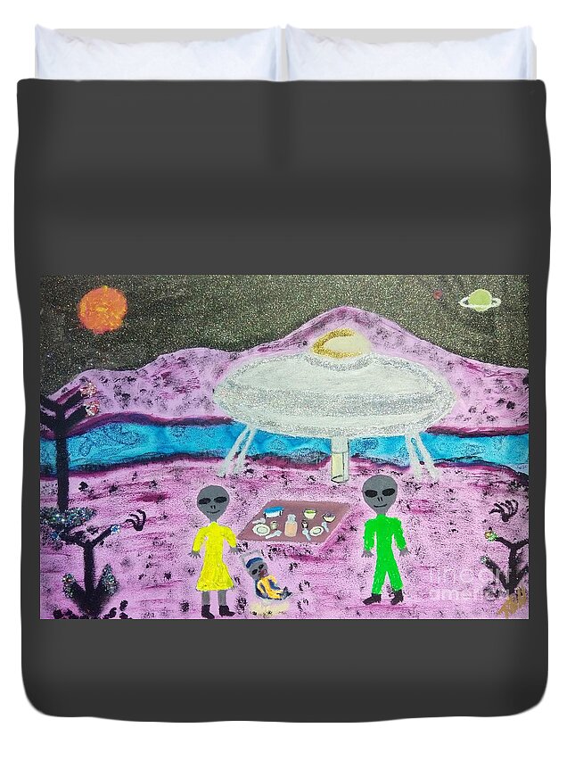 Alien Duvet Cover featuring the painting Alien Pick-nick by David Westwood