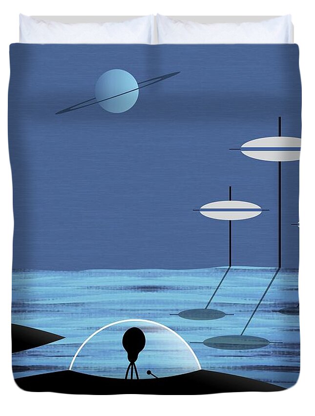 Mid Century Modern Duvet Cover featuring the digital art Aliens Blue Sky by Donna Mibus