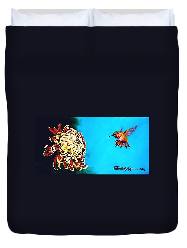 Birds Duvet Cover featuring the painting Allen's Hummingbird and Chrysanthemum by Dana Newman