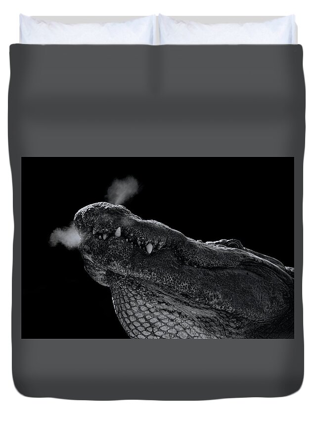 Black Duvet Cover featuring the photograph Alligator in Black and White by Carolyn Hutchins