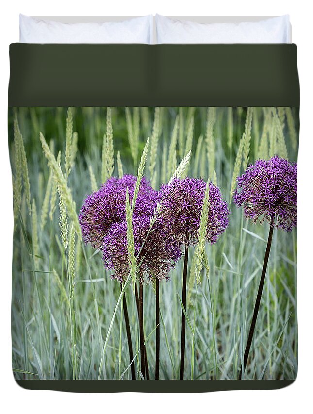 Dow Gardens Duvet Cover featuring the photograph Allium in the Weeds by Robert Carter