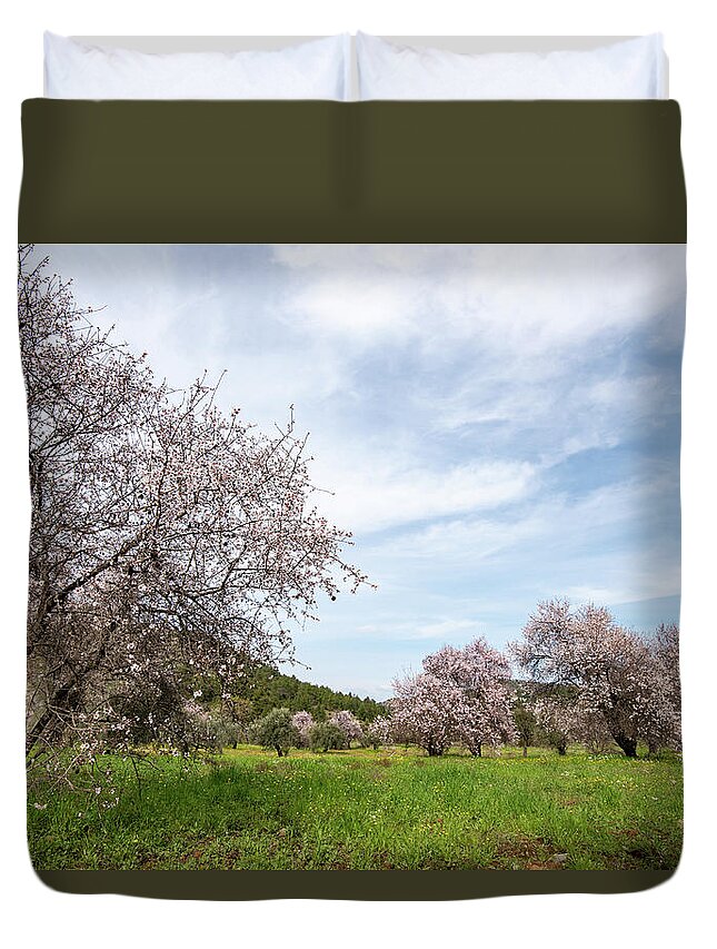 Spring Duvet Cover featuring the photograph Almond trees bloom in spring against blue sky. by Michalakis Ppalis