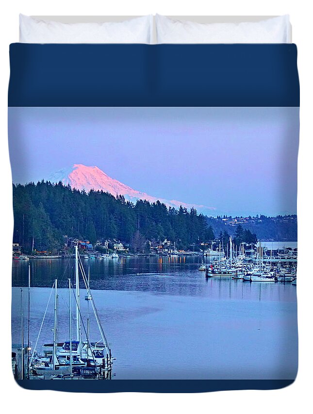 Harbor Duvet Cover featuring the photograph Alpenglow on Mt. Rainier by Bill TALICH