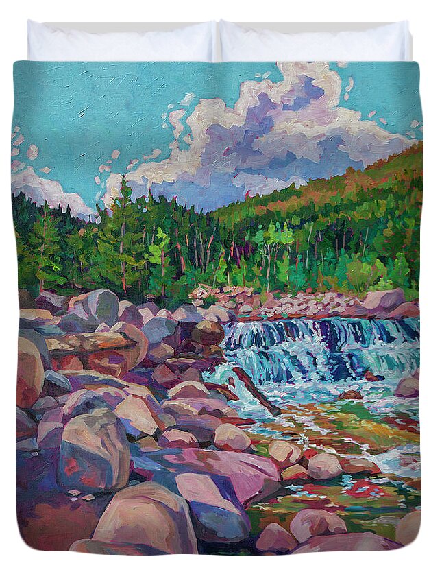 Alpine Duvet Cover featuring the painting Alpine Falls RMNP by Heather Nagy