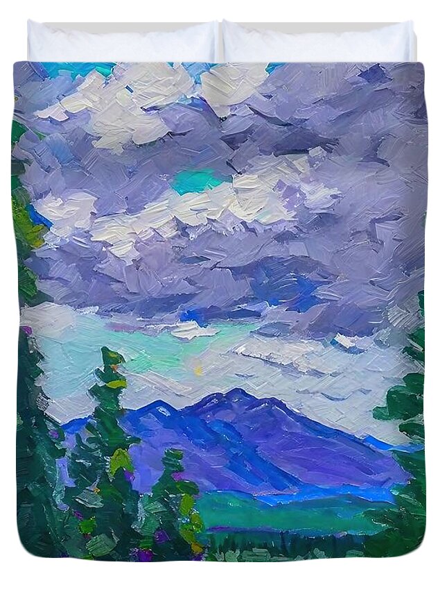  Duvet Cover featuring the painting Alpine Motive BlueGrey Sky Painting nature sky clouds mountains impressionism bright trees landscape oil canvas painting tranquility adventure alps appalachian mountains art artistic autumn by N Akkash