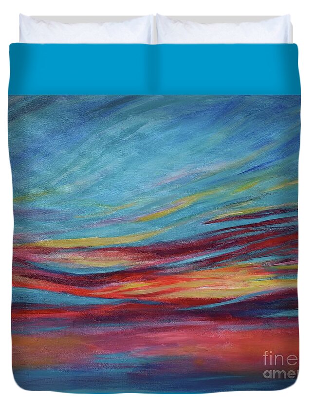 Nature Duvet Cover featuring the painting Amazing Sunset Waltz Over The Ocean 02 by Leonida Arte