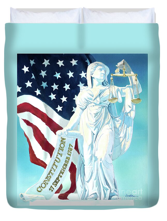 Tom Lydon Duvet Cover featuring the painting America - Genius of America - Justice Holding Scale And Scrolls by Tom Lydon