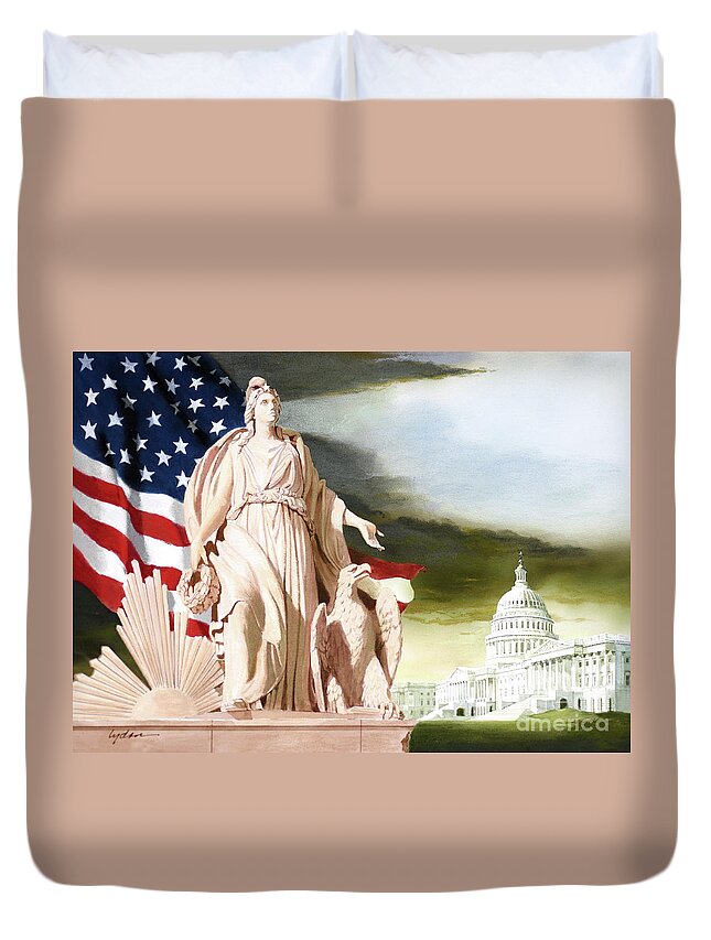 Tom Lydon Duvet Cover featuring the painting America - Progress of Civilization - America With Eagle At Her Side And Sun At Her Back by Tom Lydon