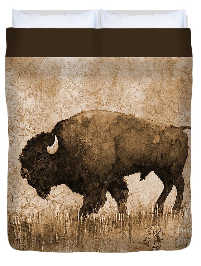 Bison Duvet Cover featuring the painting American Buffalo 5 in sepia tone by Hailey E Herrera