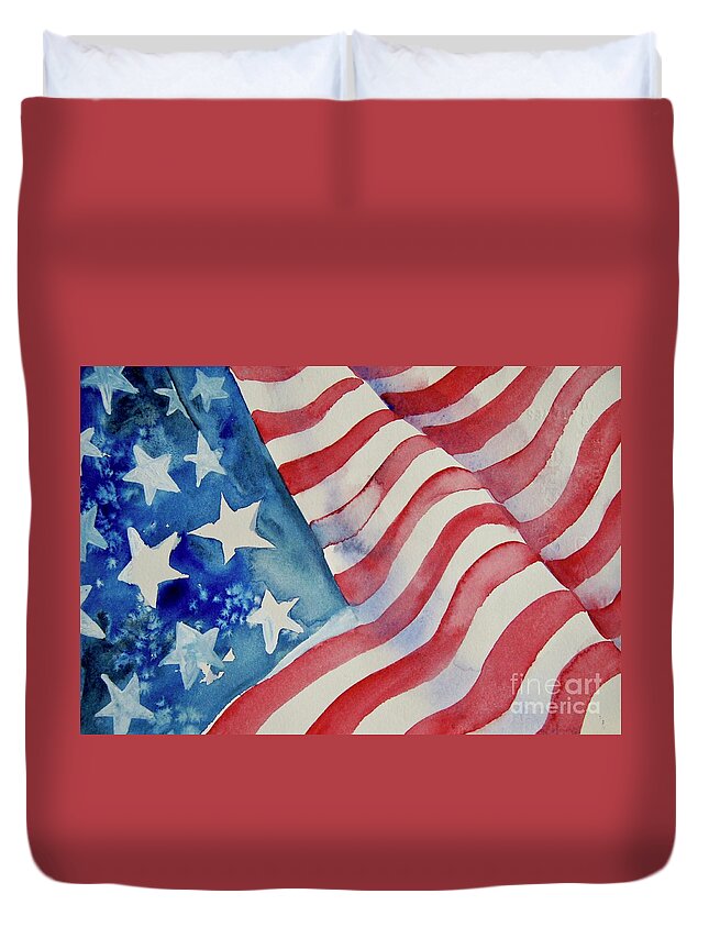 American Flag Duvet Cover featuring the painting American Flag Blowing Freely by Liana Yarckin