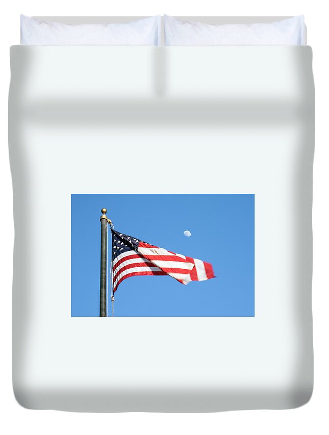 American Flag Duvet Cover featuring the photograph American Flag with Moon by Marilyn Hunt