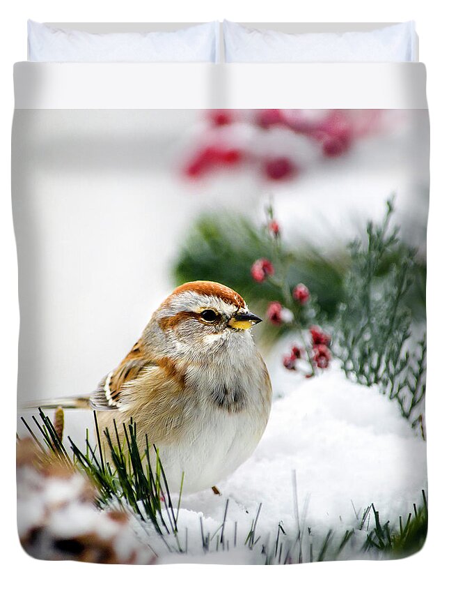 Bird Duvet Cover featuring the photograph American Tree Sparrow Bird In Snow by Christina Rollo