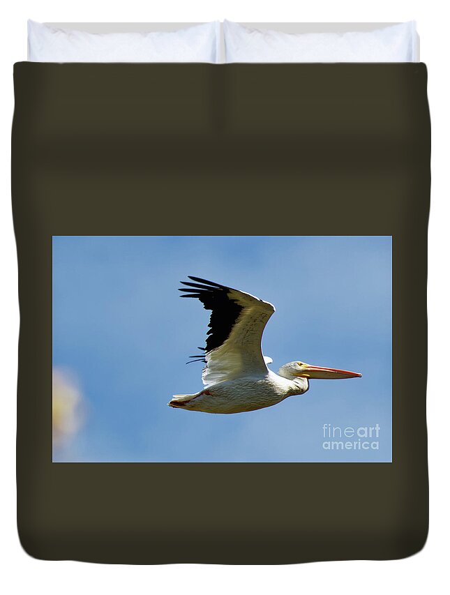 American White Pelican Duvet Cover featuring the photograph American White Pelican Flight by Natural Focal Point Photography