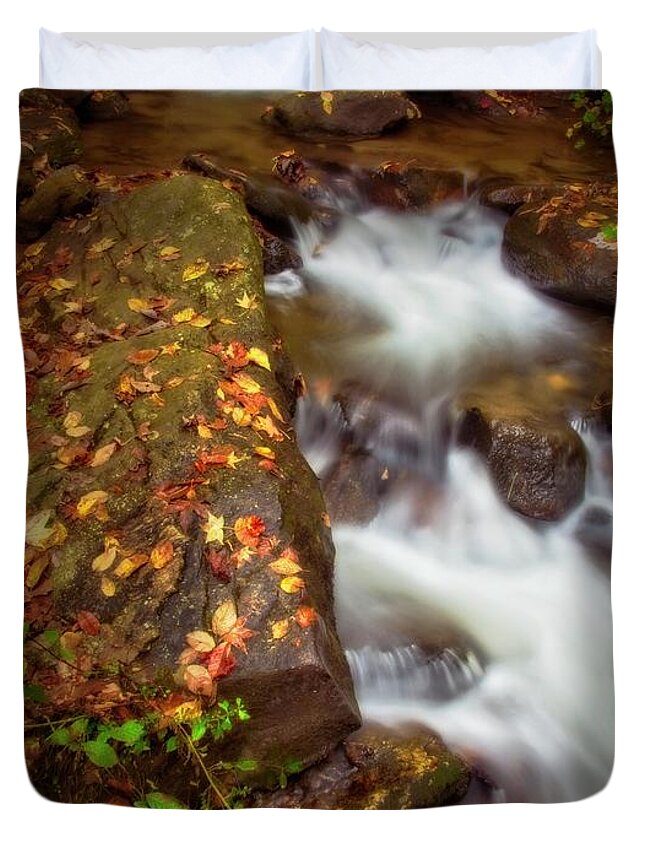 River Duvet Cover featuring the photograph Amicalola Stream in Fall by Marjorie Whitley