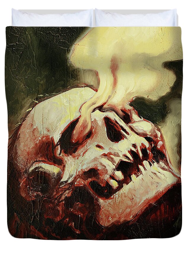 Skull Duvet Cover featuring the painting Smoking Skull by Sv Bell