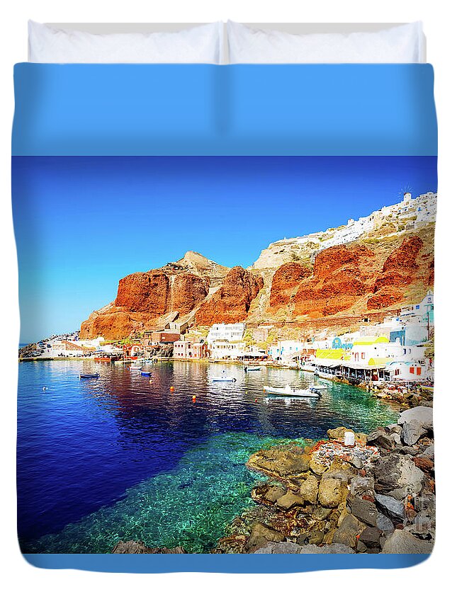 Santorini Duvet Cover featuring the photograph Amoudi bay, Santorini, Greece by Anastasy Yarmolovich