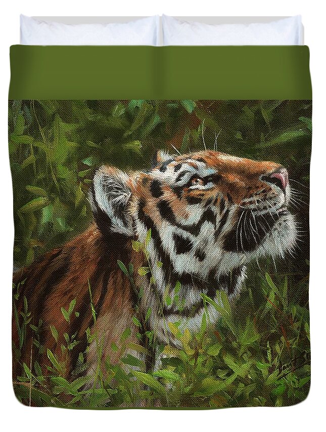 Tiger Duvet Cover featuring the painting Amur Tiger 111 by David Stribbling