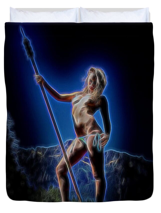 Fantasy Duvet Cover featuring the painting An Amazon Spirit by Jon Volden