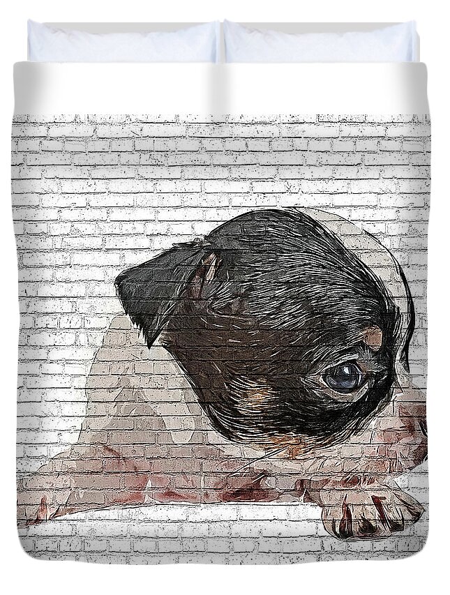 Angel Duvet Cover featuring the painting An Angel, Black and White Chihuahua Dog Puppy - Brick Block Background by Custom Pet Portrait Art Studio