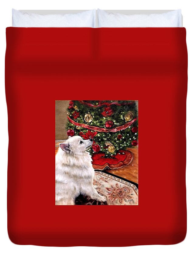 American Eskimo Dog Duvet Cover featuring the painting An Eskie Christmas by Dr Pat Gehr