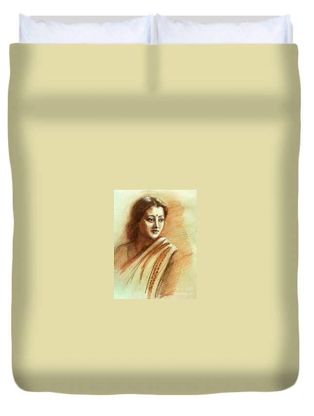 Sketch Duvet Cover featuring the drawing An Indian actress by Asha Sudhaker Shenoy