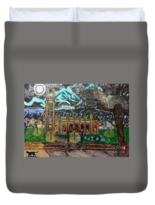 Church Duvet Cover featuring the mixed media An Owl with a View by David Westwood