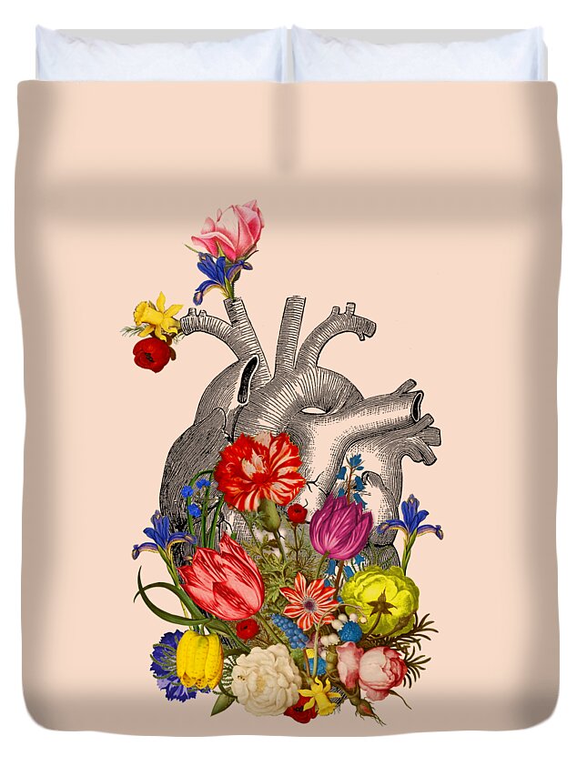 Heart Duvet Cover featuring the digital art Anatomical Heart With Colorful Flowers by Madame Memento
